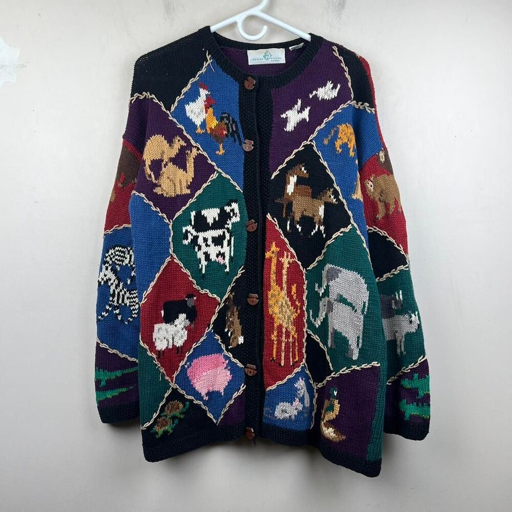 Vintage Design Options All Over Print Farm Animal Button Cardigan Size XL
